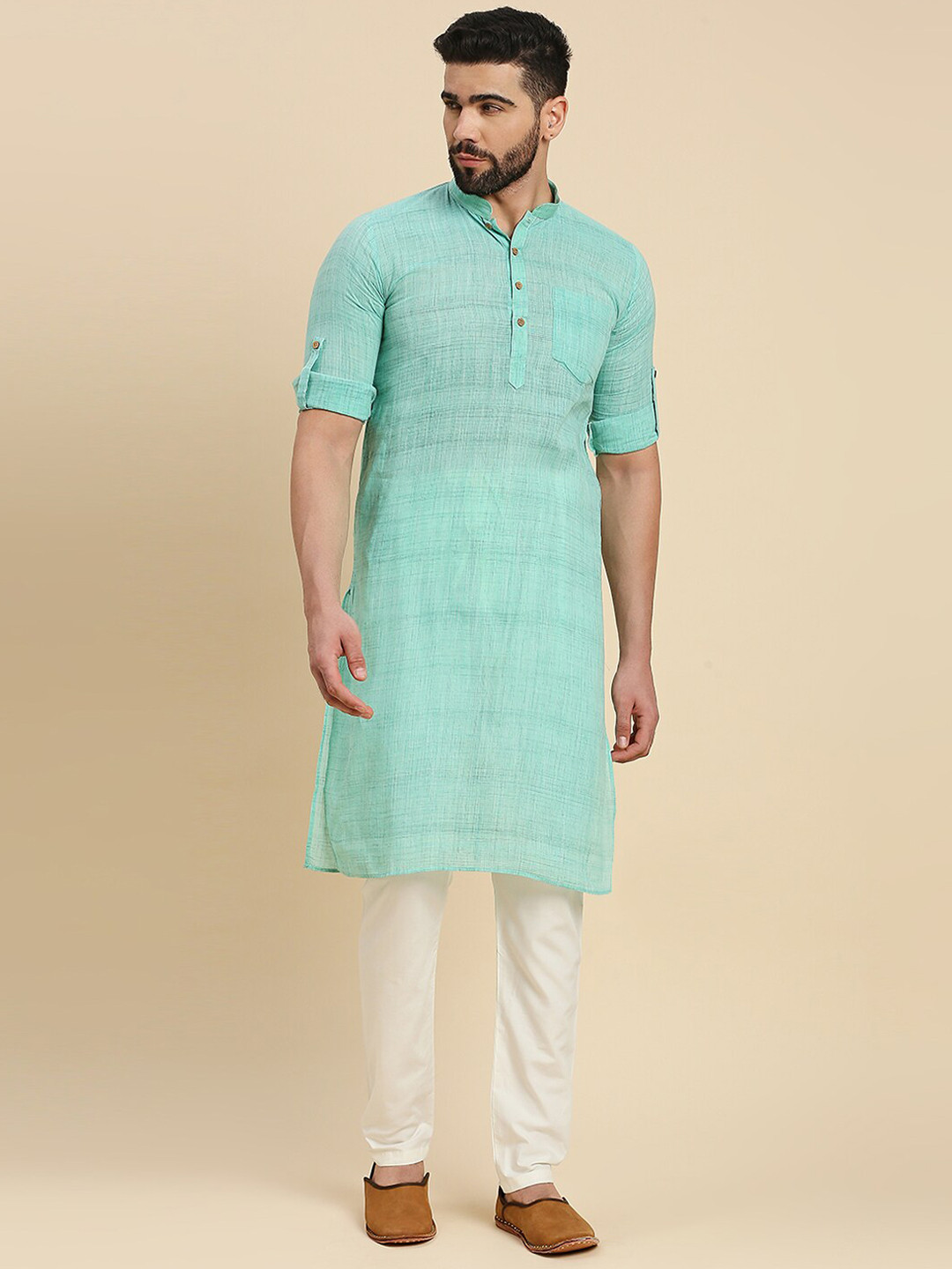 

RAJUBHAI HARGOVINDAS Mandarin Collar Roll-Up Sleeves Khadi Weave Cotton Straight Kurta, Turquoise blue