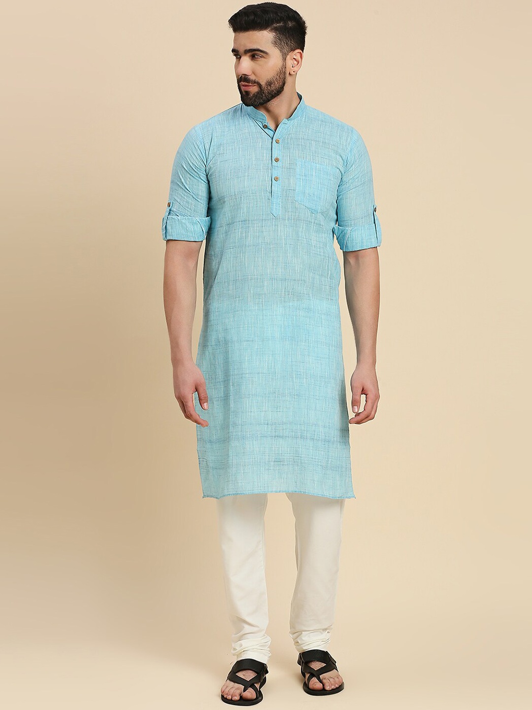 

RAJUBHAI HARGOVINDAS Mandarin Collar Roll-Up Sleeves Khadi Weave Cotton Straight Kurta, Blue