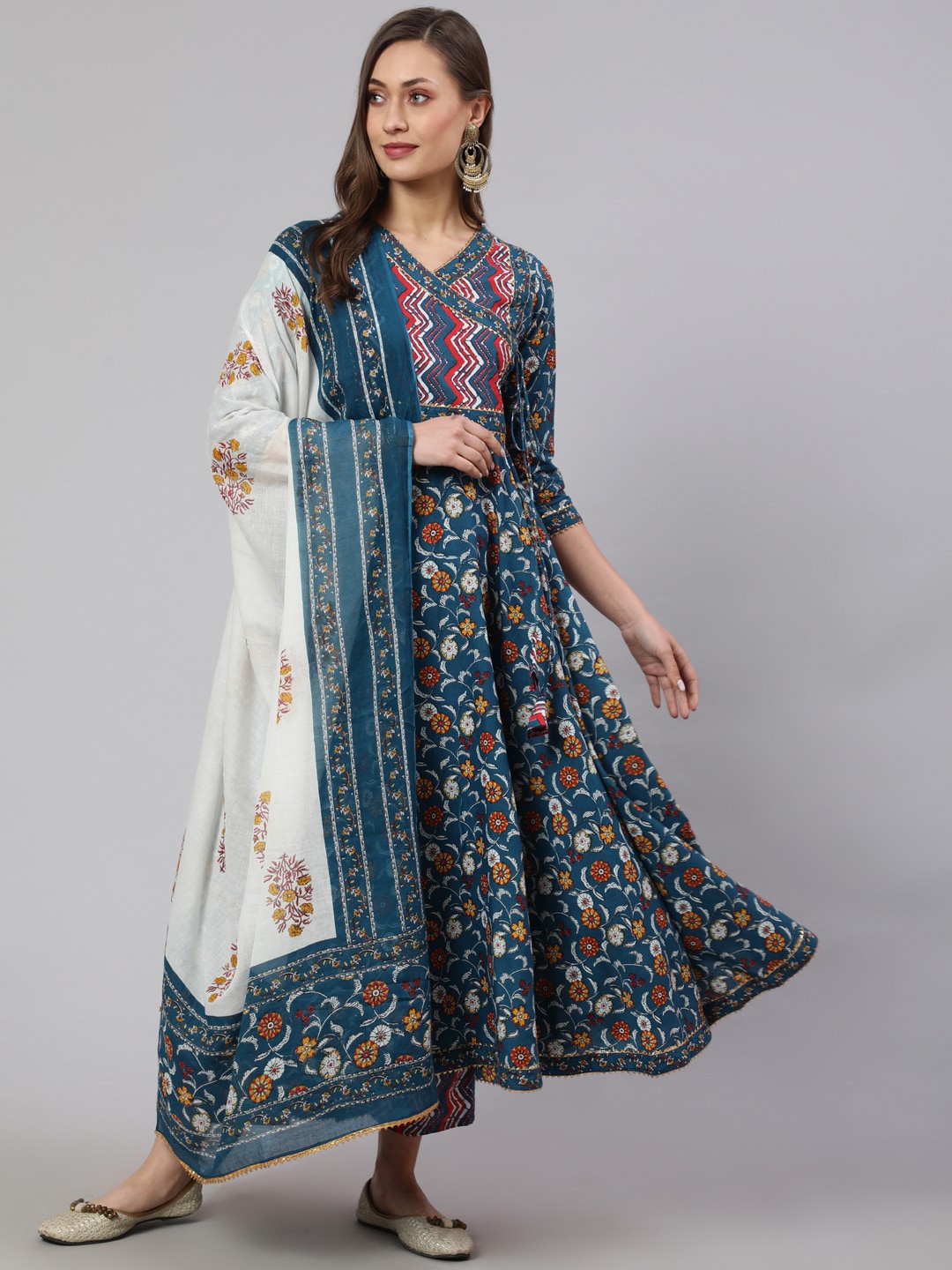 

GLAM ROOTS Floral Printed Angrakha Pure Cotton Kurta with Trousers & With Dupatta, Blue