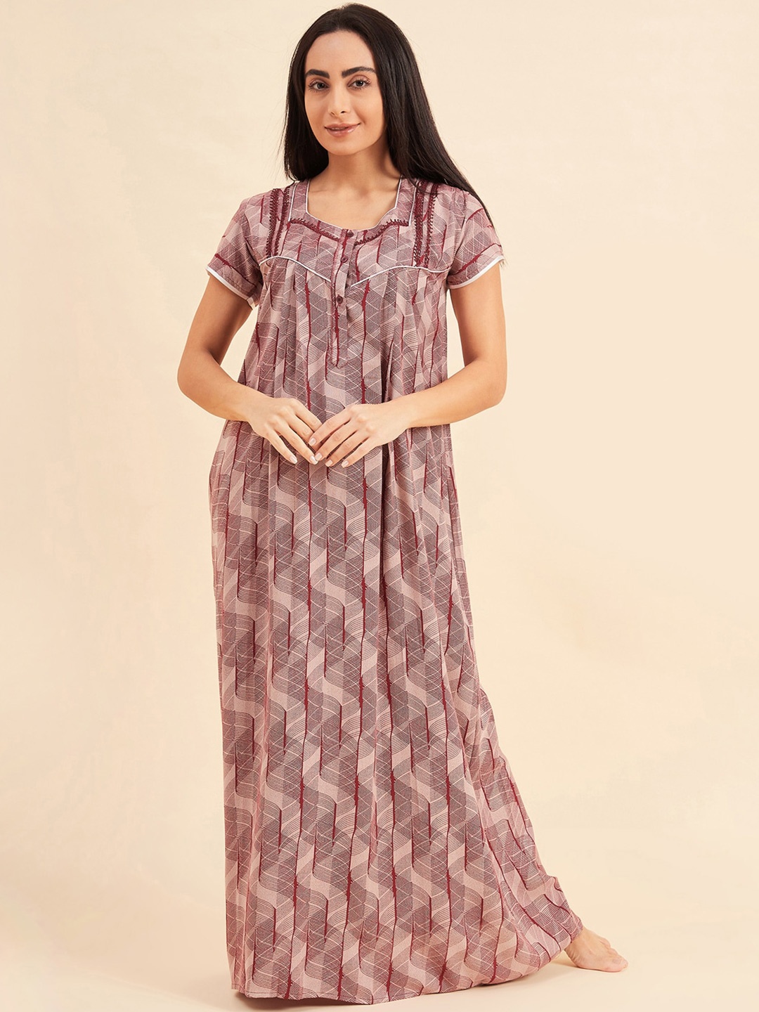 Sweet Dreams Geometric Printed Square Neck Maxi Nightdress, Maroon