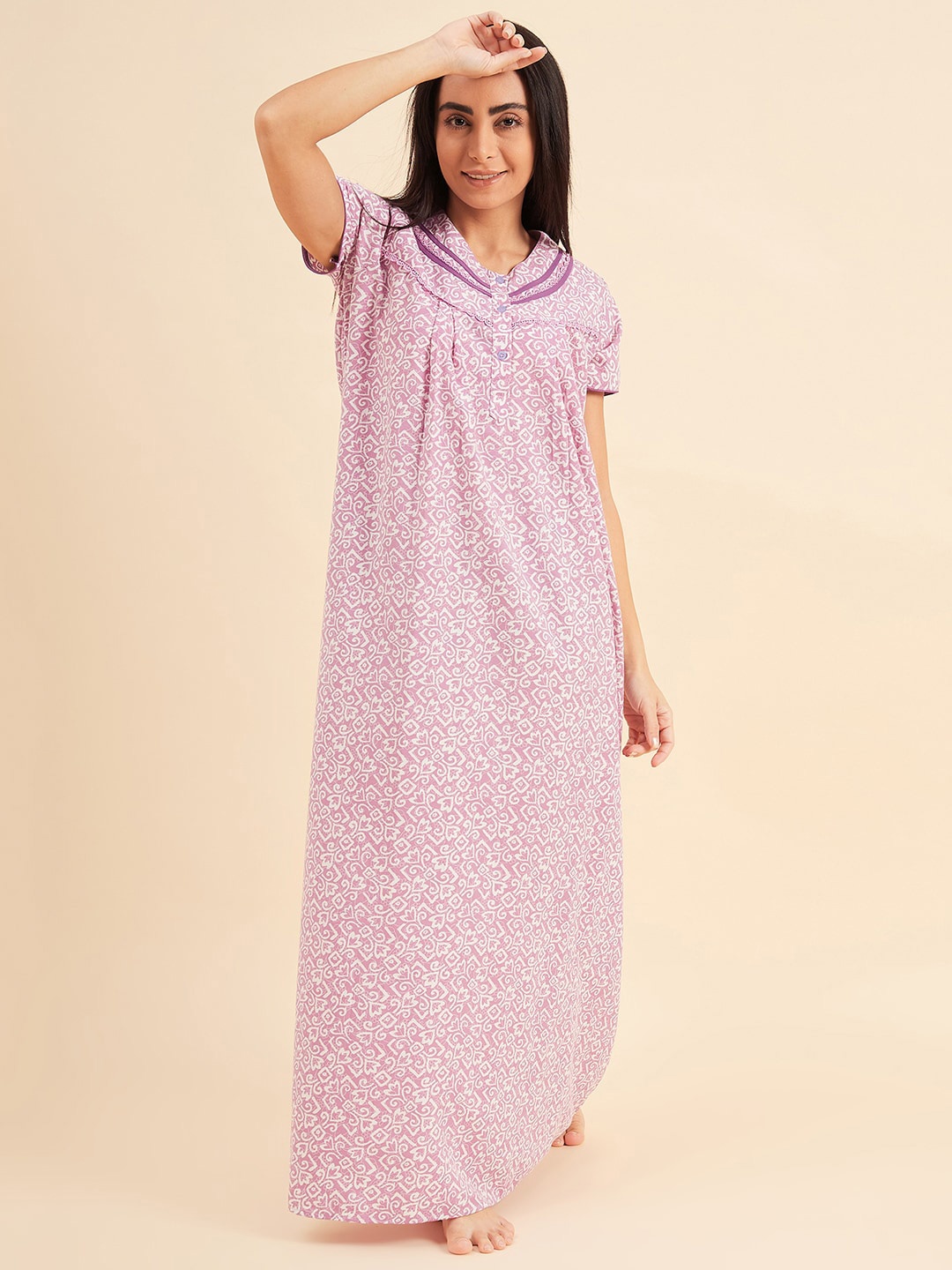 

Sweet Dreams Floral Printed V-Neck Pure Cotton Maxi Nightdress, Purple