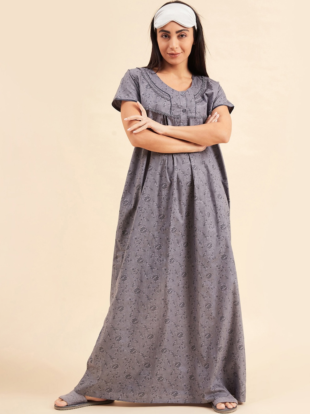 

Sweet Dreams Floral Printed Pure Cotton Maxi Everyday Nightdress, Grey