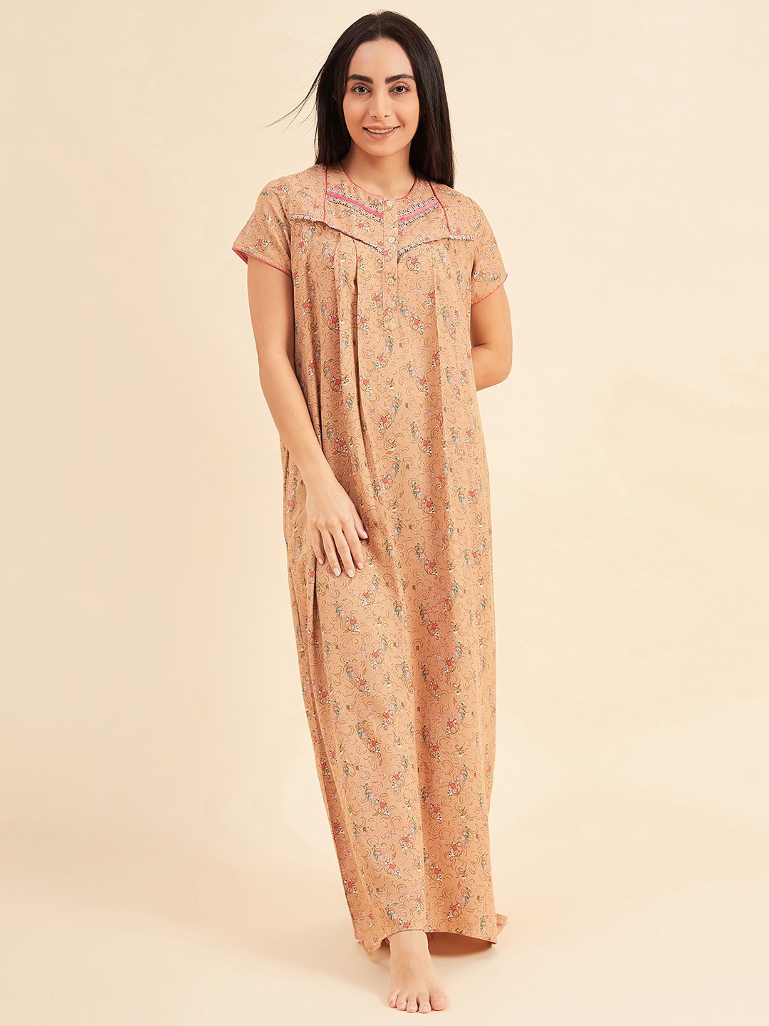

Sweet Dreams Floral Printed Pure Cotton Maxi Everyday Nightdress, Cream