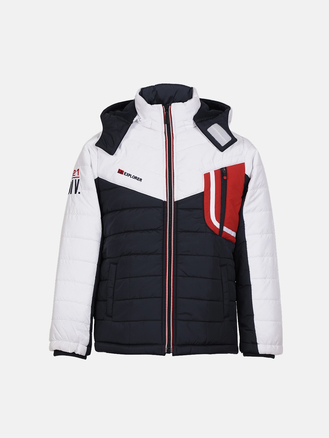 

LURE JUNIOR Boys Blue Colourblocked Winter Wear Hooded Puffer Jacket, Navy blue