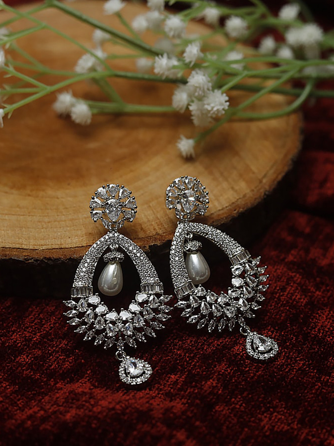 

Maansh Silver-Plated American Diamond-Studded Contemporary Drop Earrings