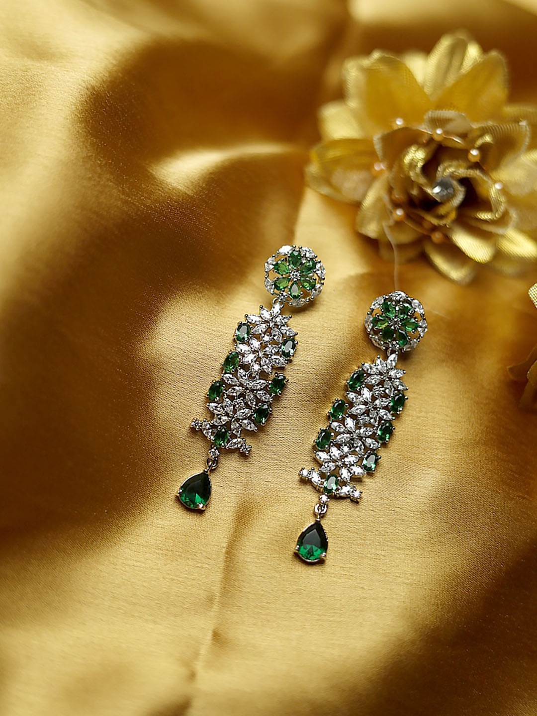 

Maansh Silver-Plated American Diamond-Studded Contemporary Drop Earrings