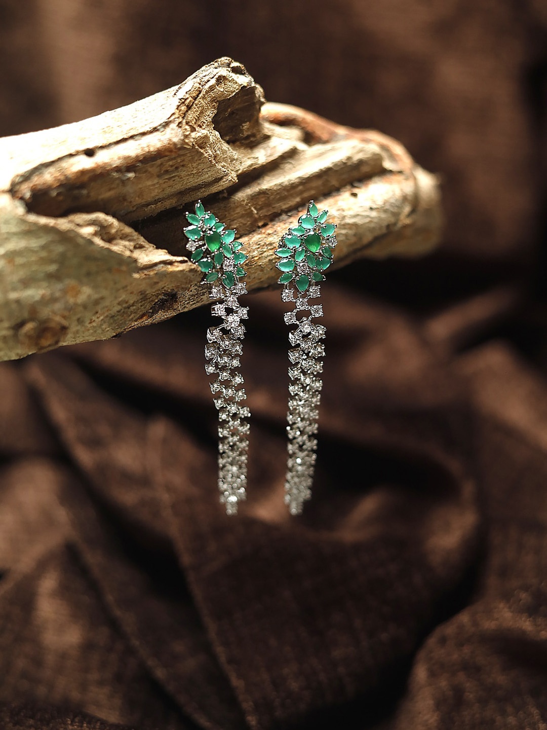 Maansh Silver-Plated Sterling Silver American Diamond Studded Contemporary Drop Earrings