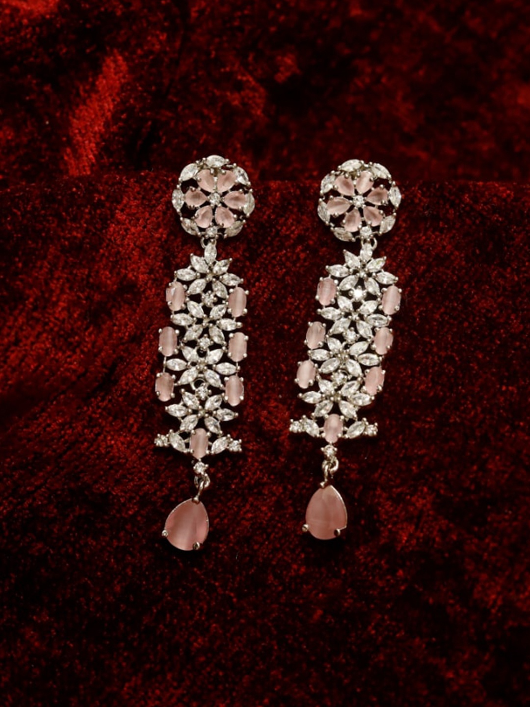 

Maansh Silver-Plated American Diamond-Studded Contemporary Drop Earrings