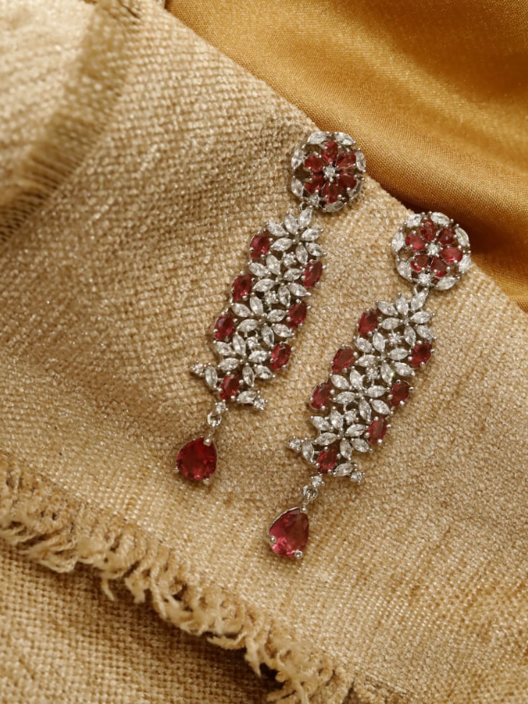 

Maansh Silver-Plated Sterling Silver Contemporary American Diamond Studded Drop Earrings