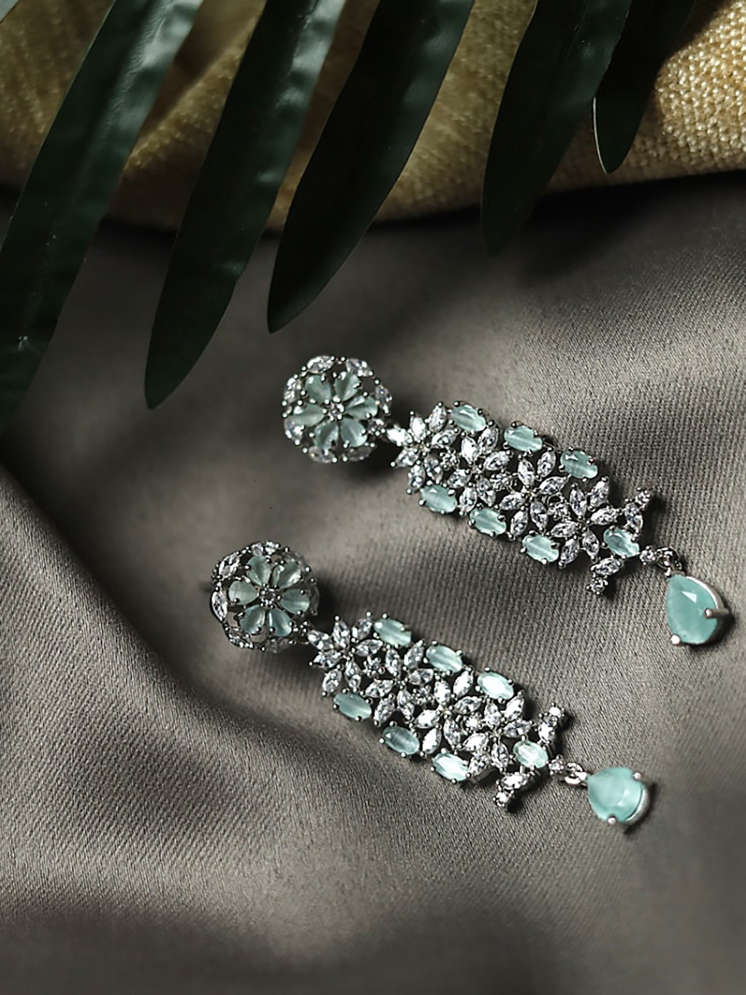 Maansh Silver-Plated Sterling Silver American Diamond Studded Contemporary Drop Earrings