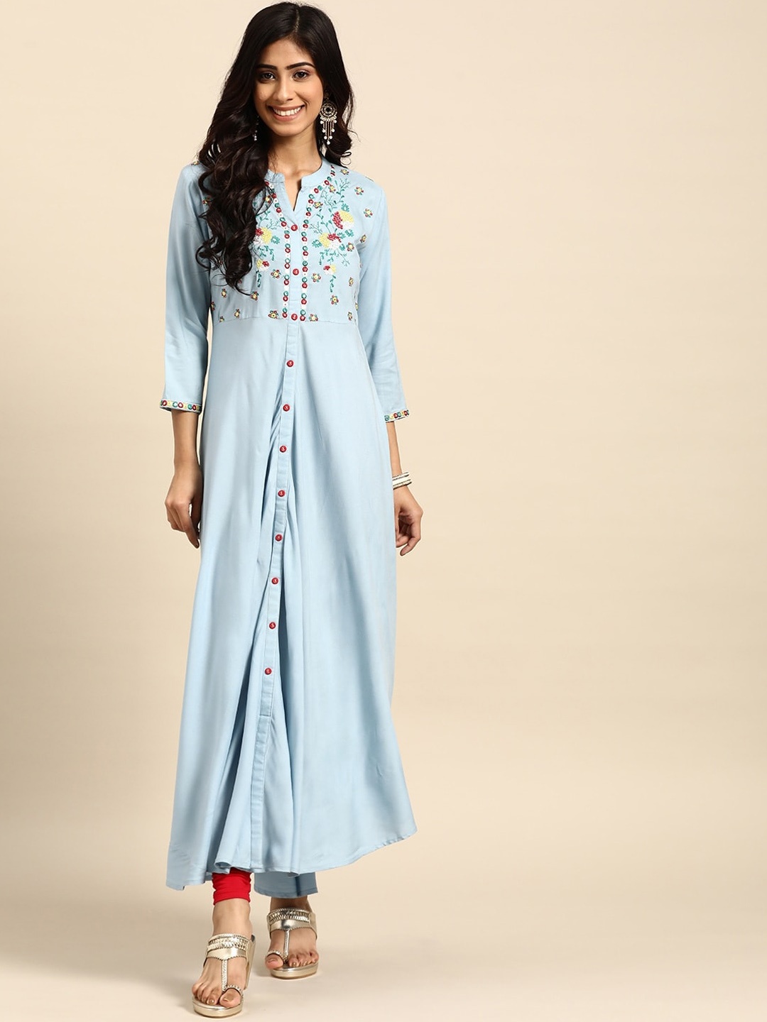 

RANGMAYEE Ethnic Motifs Mirror Work Embroidered Anarkali Cotton Kurta, Blue
