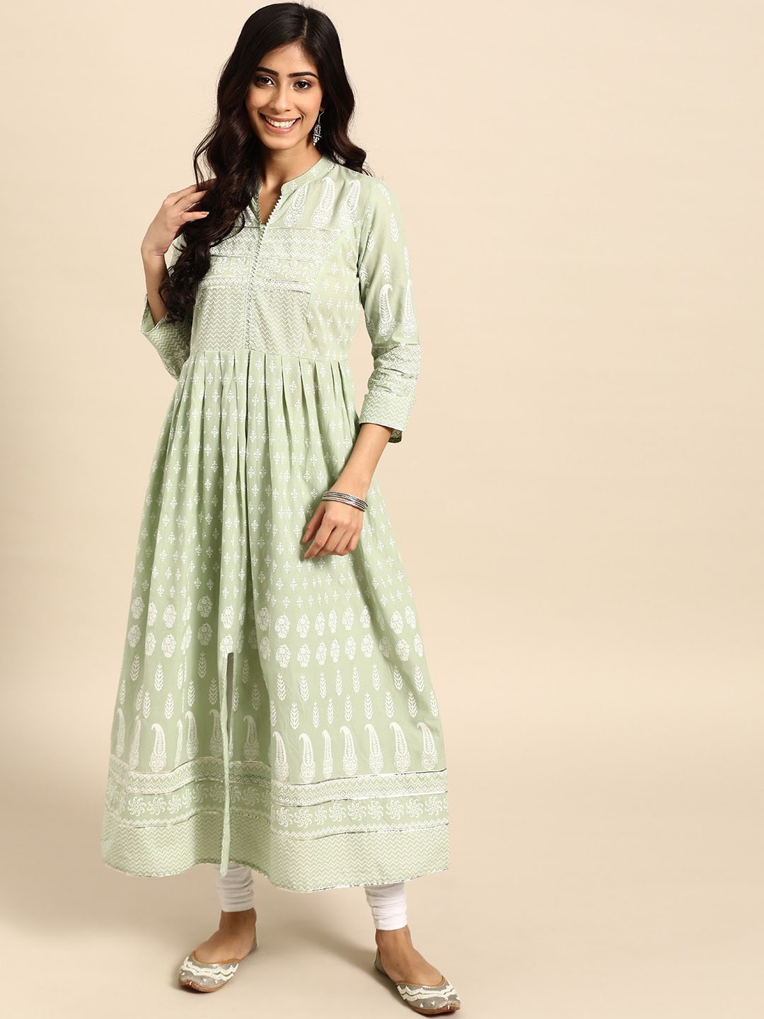 

RANGMAYEE Ethnic Motifs Printed Anarkali Cotton Kurta, Green