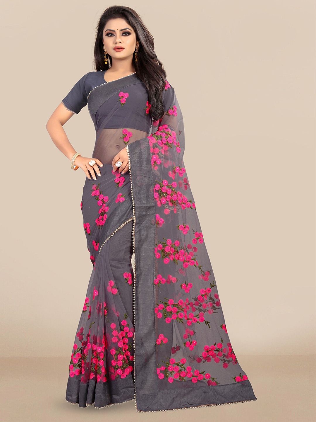 

JSItaliya Grey & Pink Floral Embroidered Net Saree