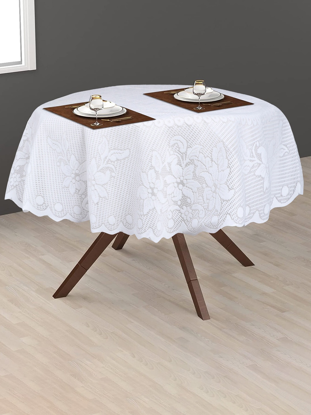 

Dakshya Industries White Tulip Flower Woven Design 2 Seater Round Cotton Table Cover