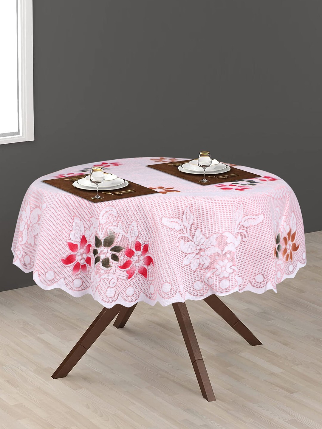 

Dakshya Industries Pink Tulip Flower Woven-Design 2-Seater Round Cotton Table Cover