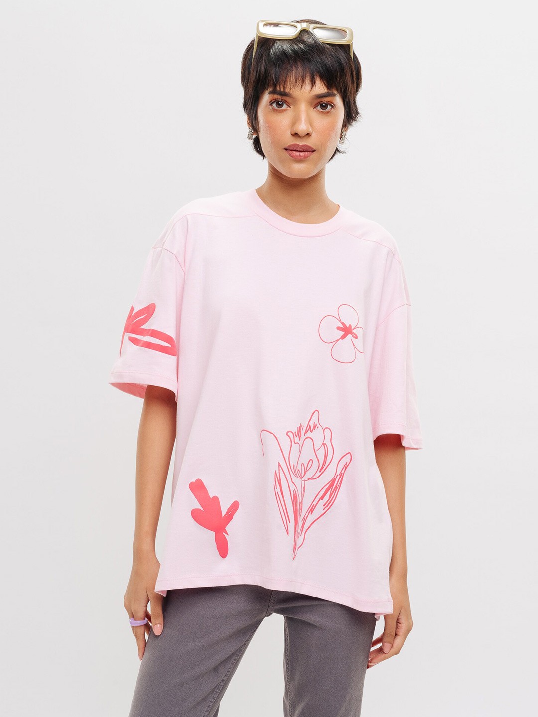 

FREAKINS Floral Printed Drop Shoulder Sleeves Relaxed Fit Pure Cotton Casual T-shirt, Pink