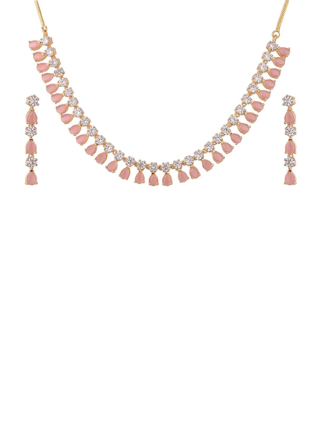

RATNAVALI JEWELS Gold-Plated American Diamond-Studded Jewellery Set, Pink