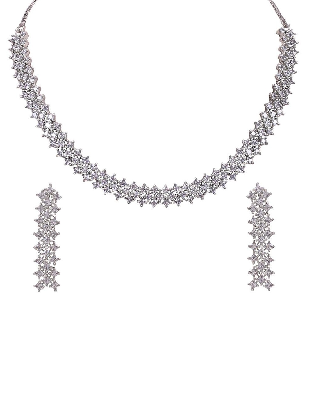 

RATNAVALI JEWELS Silver-Plated American Diamond Studded Jewellery Set, White