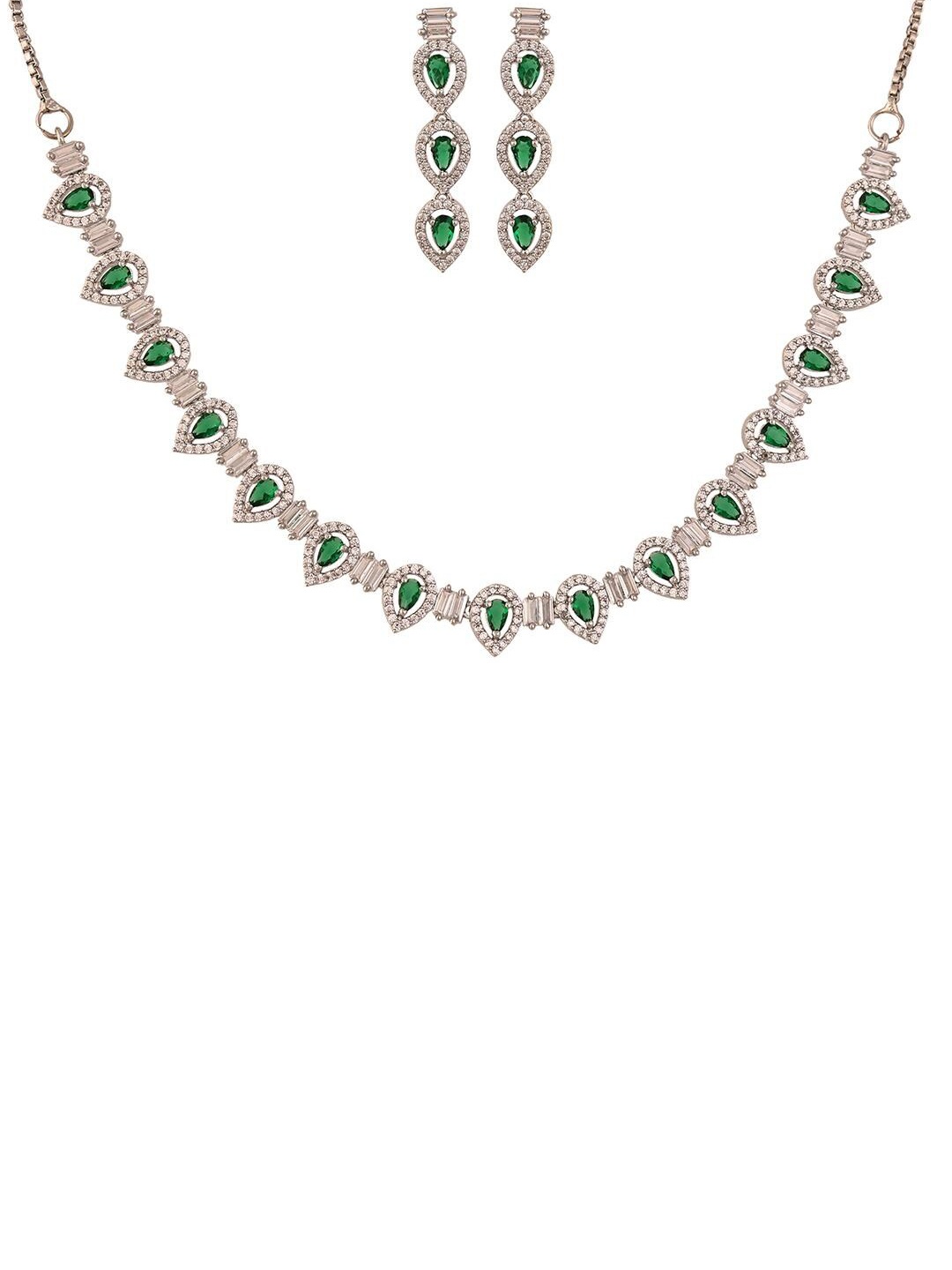 

RATNAVALI JEWELS Rhodium-Plated Cubic Zirconia-Studded Jewellery Set, Green