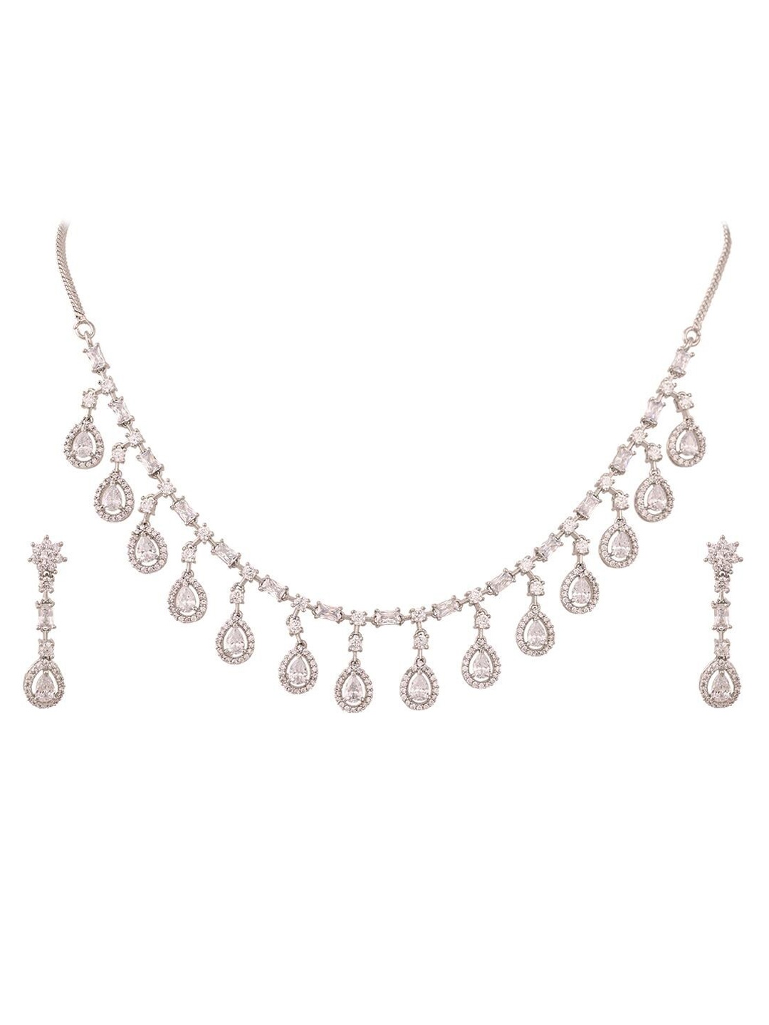 

RATNAVALI JEWELS Rhodium-Plated CZ-Studded Jewellery Set, Silver