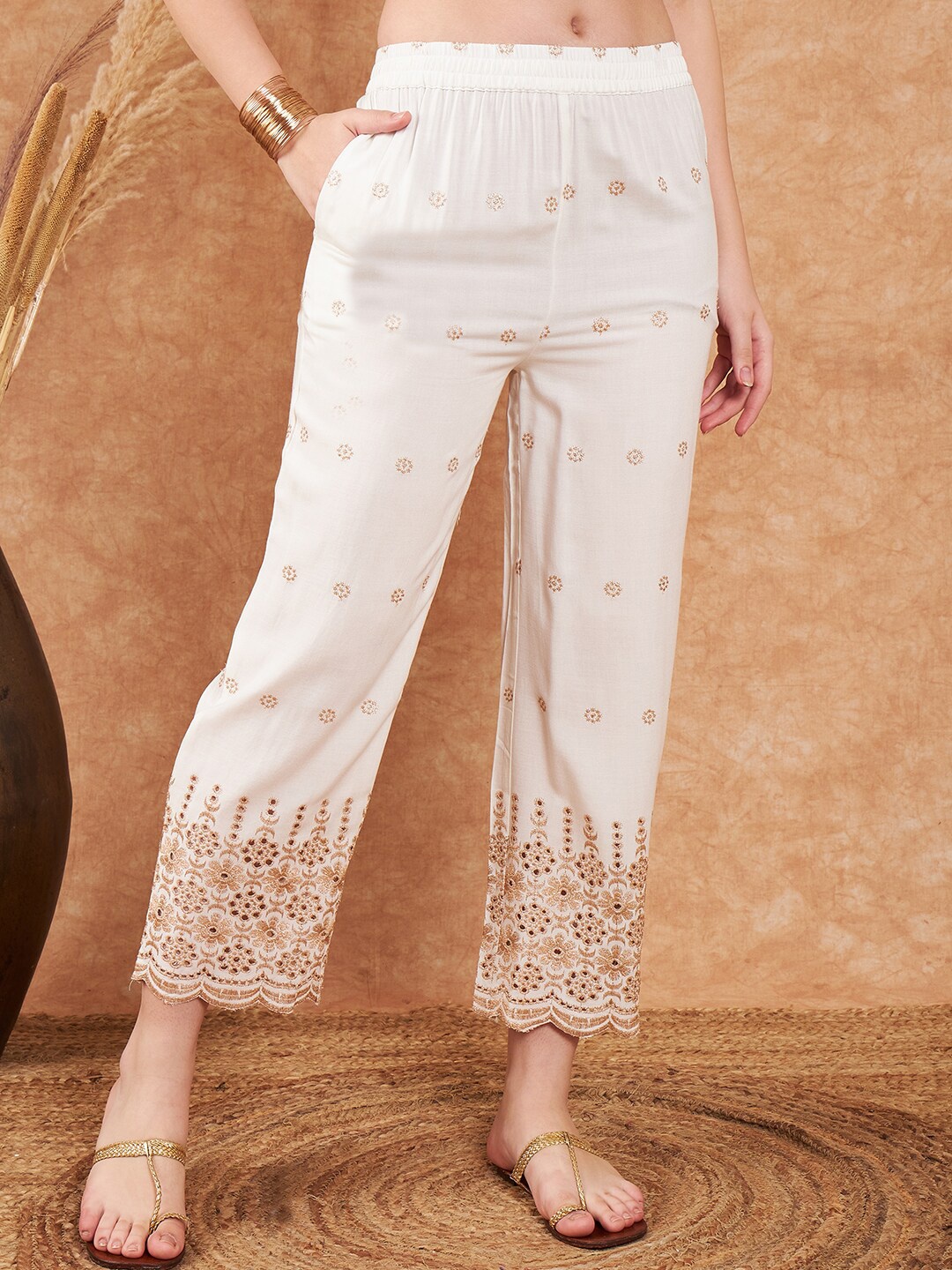 

Sangria Women Embroidered Flared Palazzos, Off white