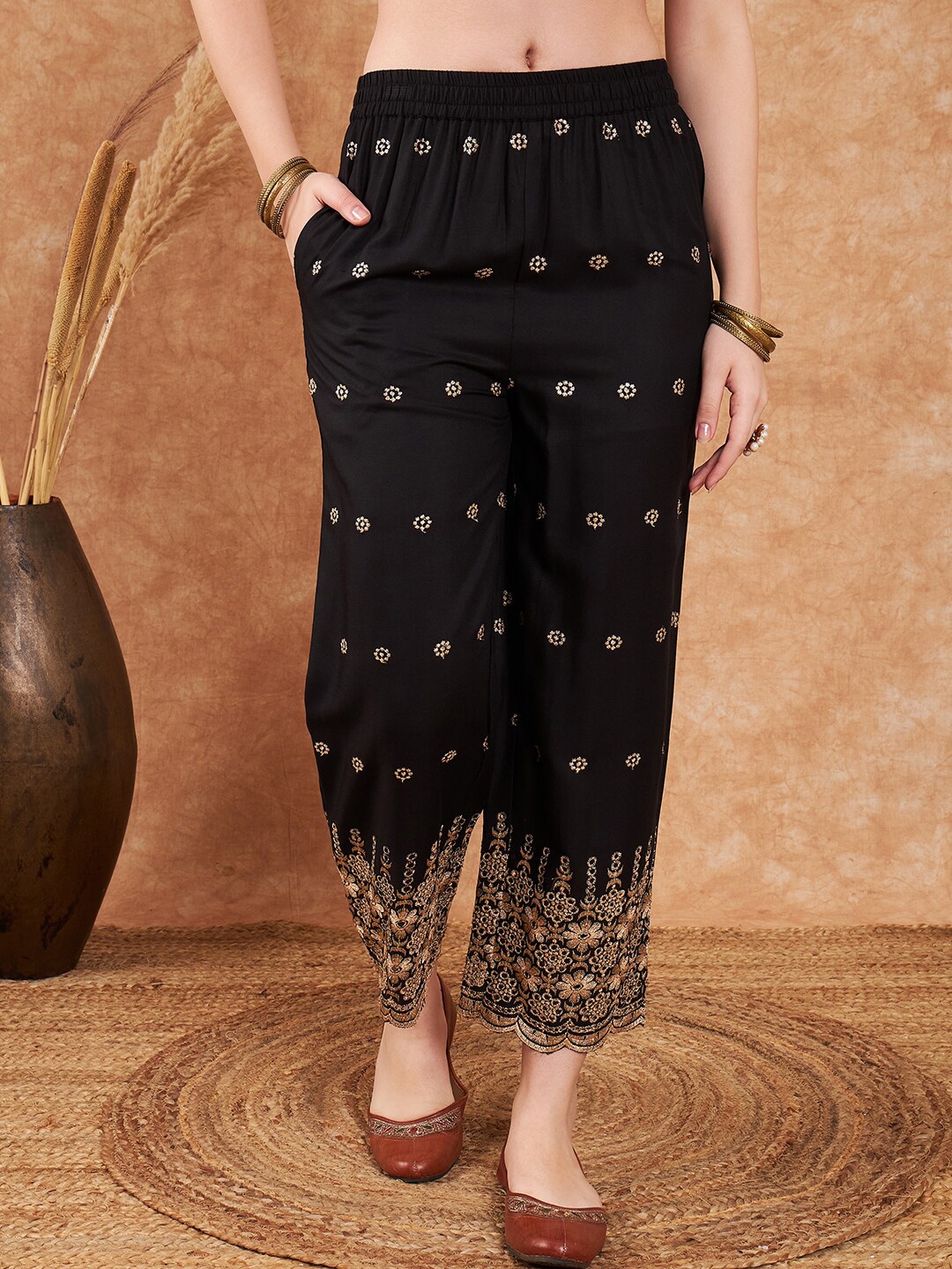 

Sangria Floral Zari Embroidered Palazzo, Black
