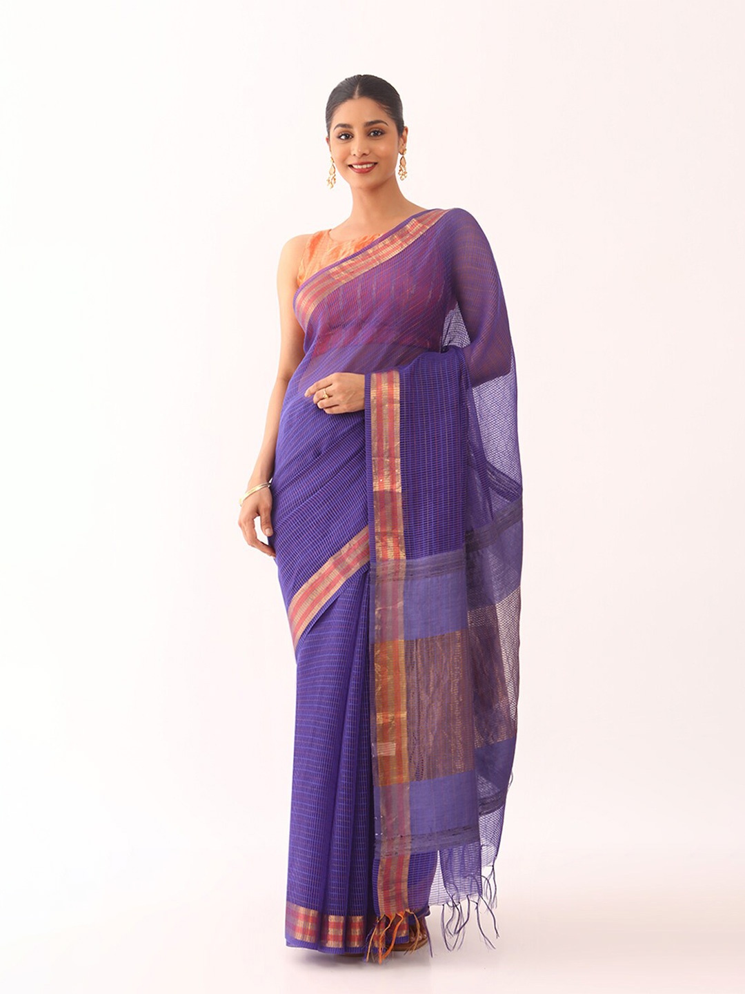 

Taneira Checked Zari Bhagalpuri Saree, Blue