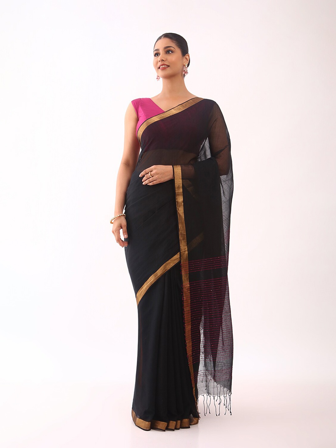 

Taneira Zari Sequinned Silk Cotton Saree, Black