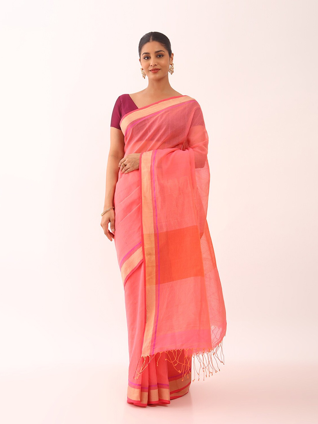 

Taneira Zari Silk Cotton Saree, Pink