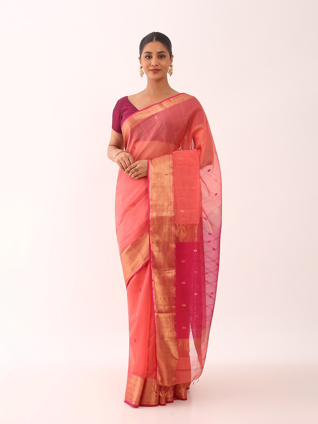 

Taneira Ethnic Motifs Woven Design Zari Silk Cotton Maheshwari Saree, Coral