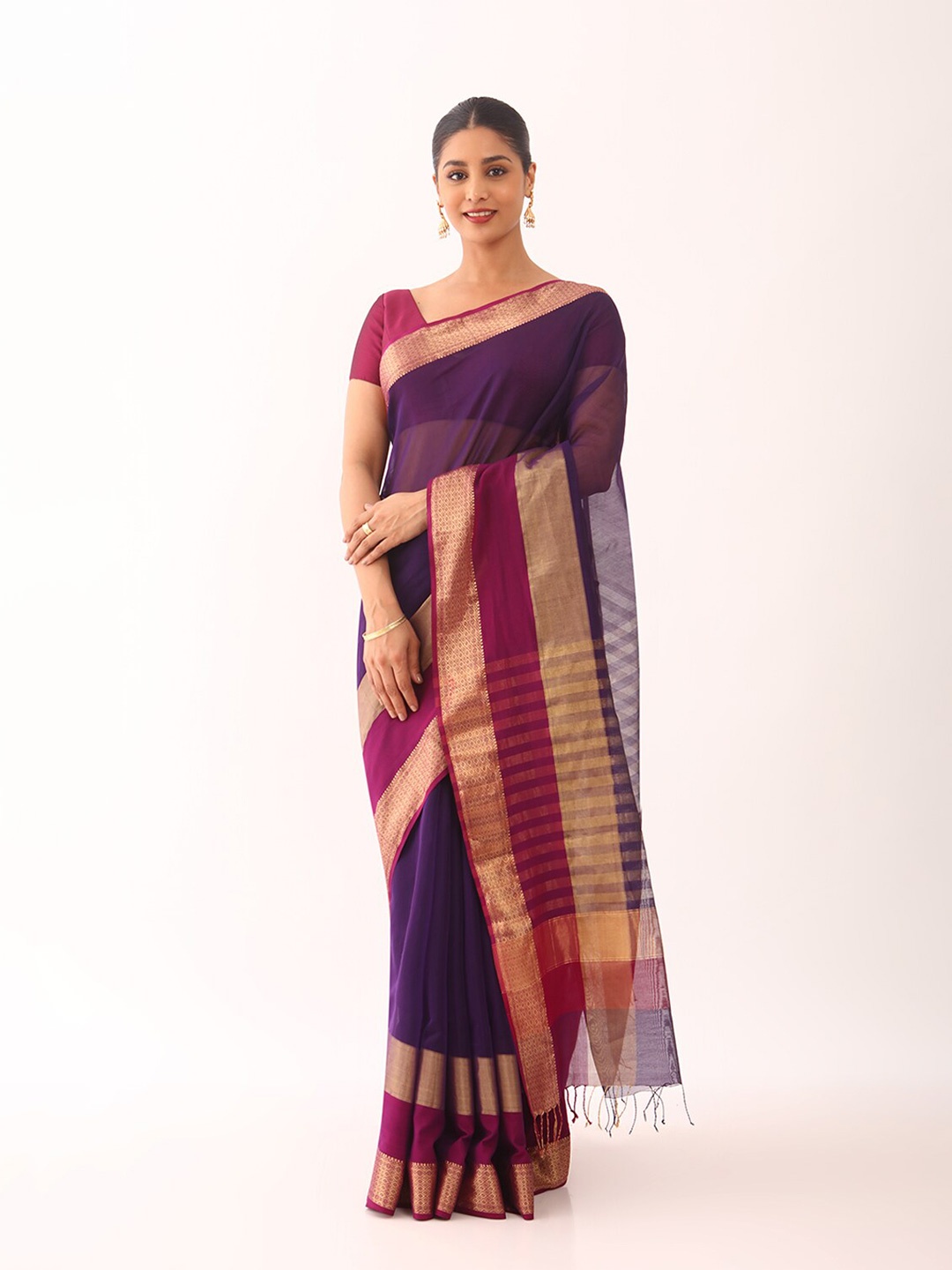 

Taneira Woven Design Zari Silk Cotton Maheshwari Saree, Purple