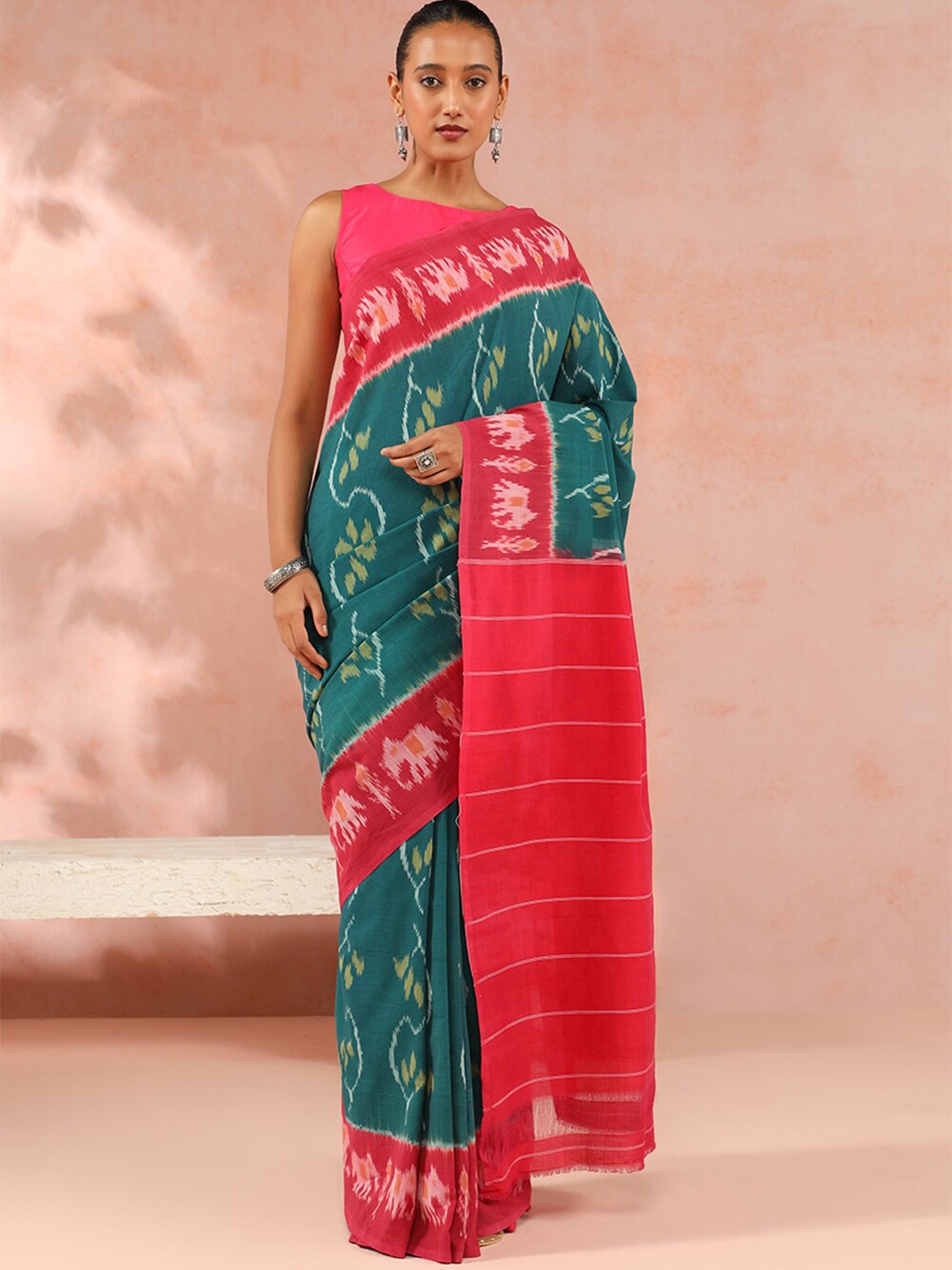 

Taneira Ethnic Motifs Printed Pure Cotton Pochampally Saree, Green