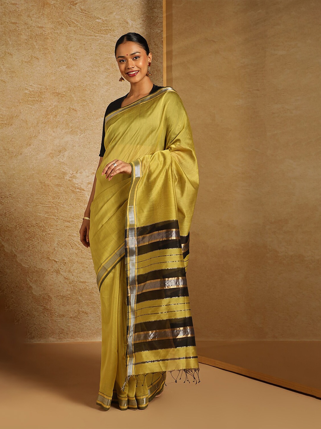 

Taneira Woven Design Border Detail Zari Maheshwari Saree, Yellow