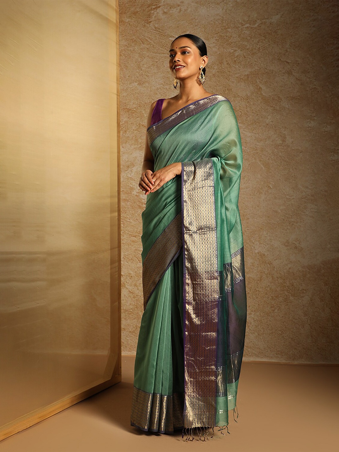 

Taneira Zari Detail Silk Cotton Maheshwari Saree, Green