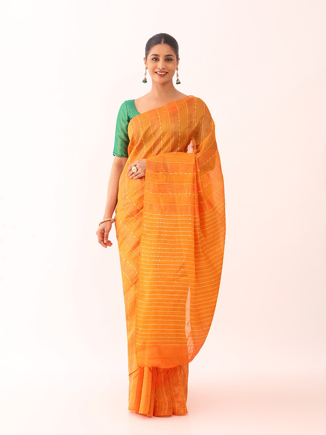

Taneira Striped Sequinned Detail Saree, Orange