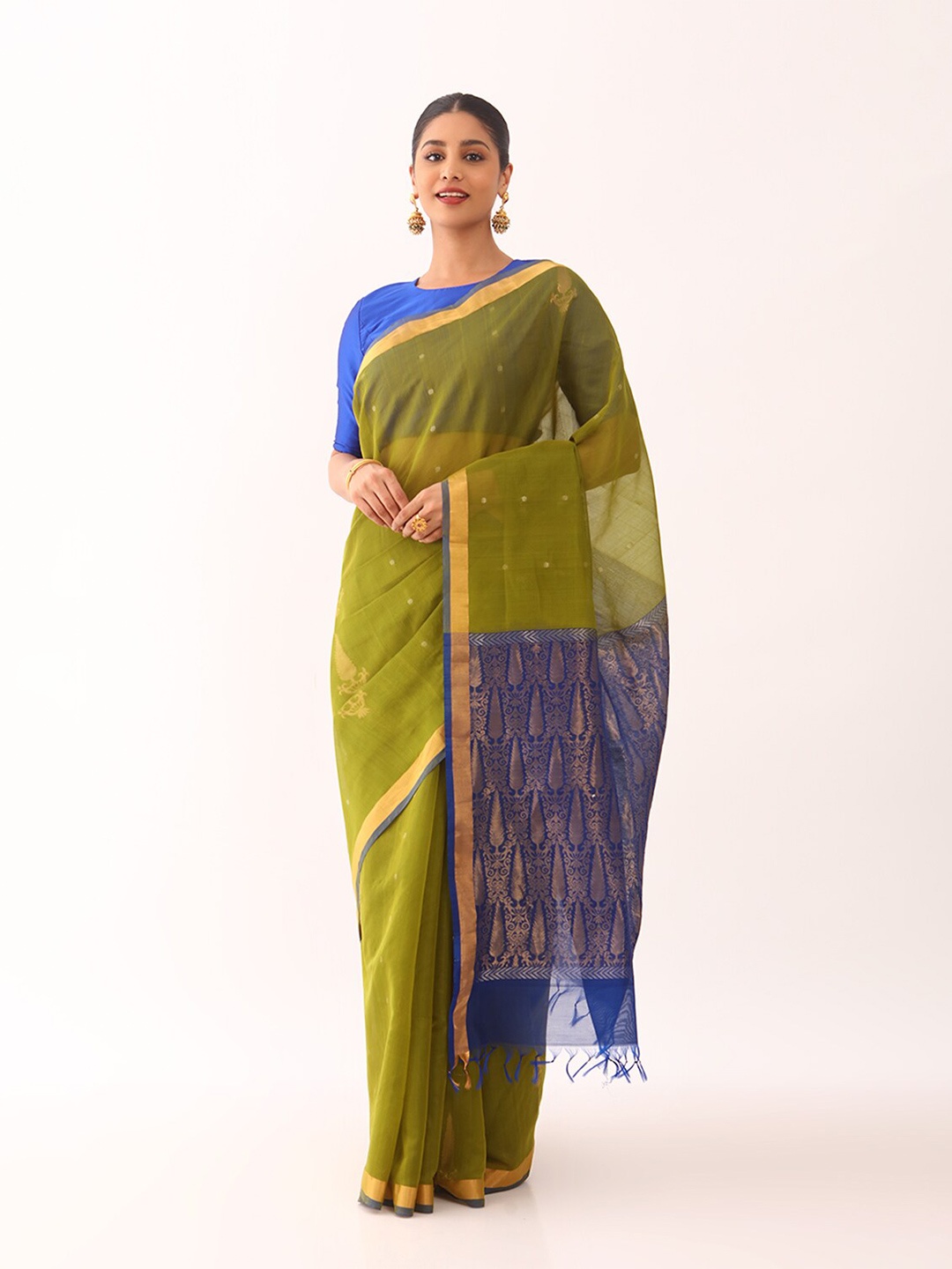 

Taneira Ethnic Motifs Woven Design Zari Detail Silk Cotton Saree, Blue