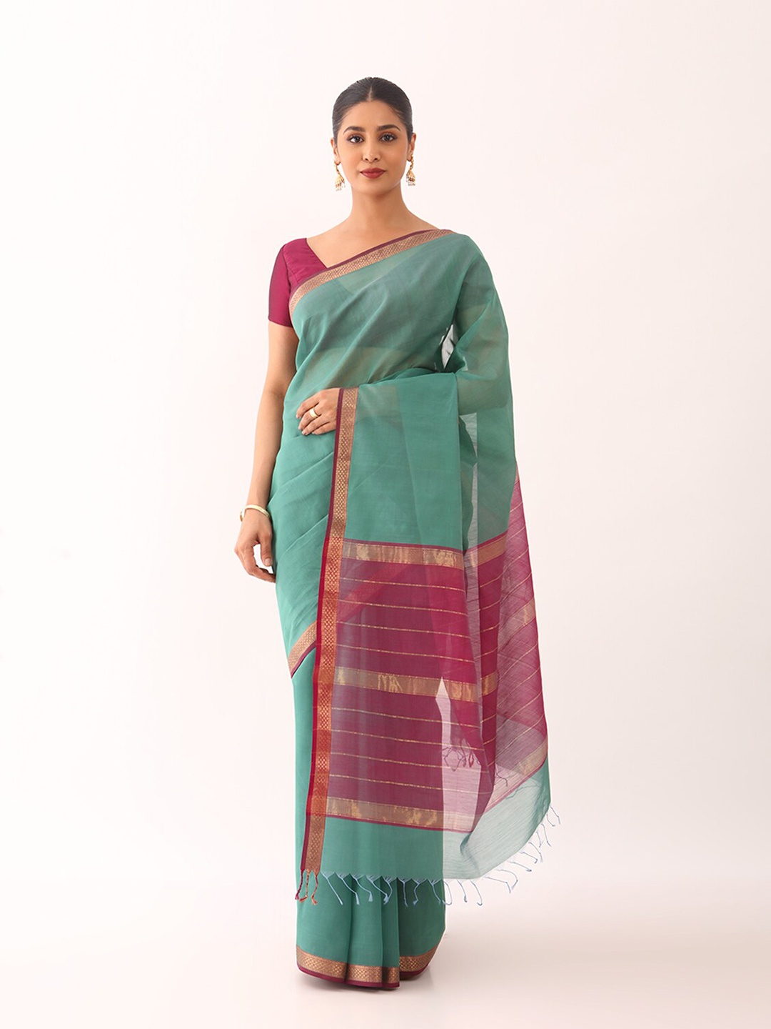 

Taneira Zari Detail Silk Cotton Maheshwari Saree, Green
