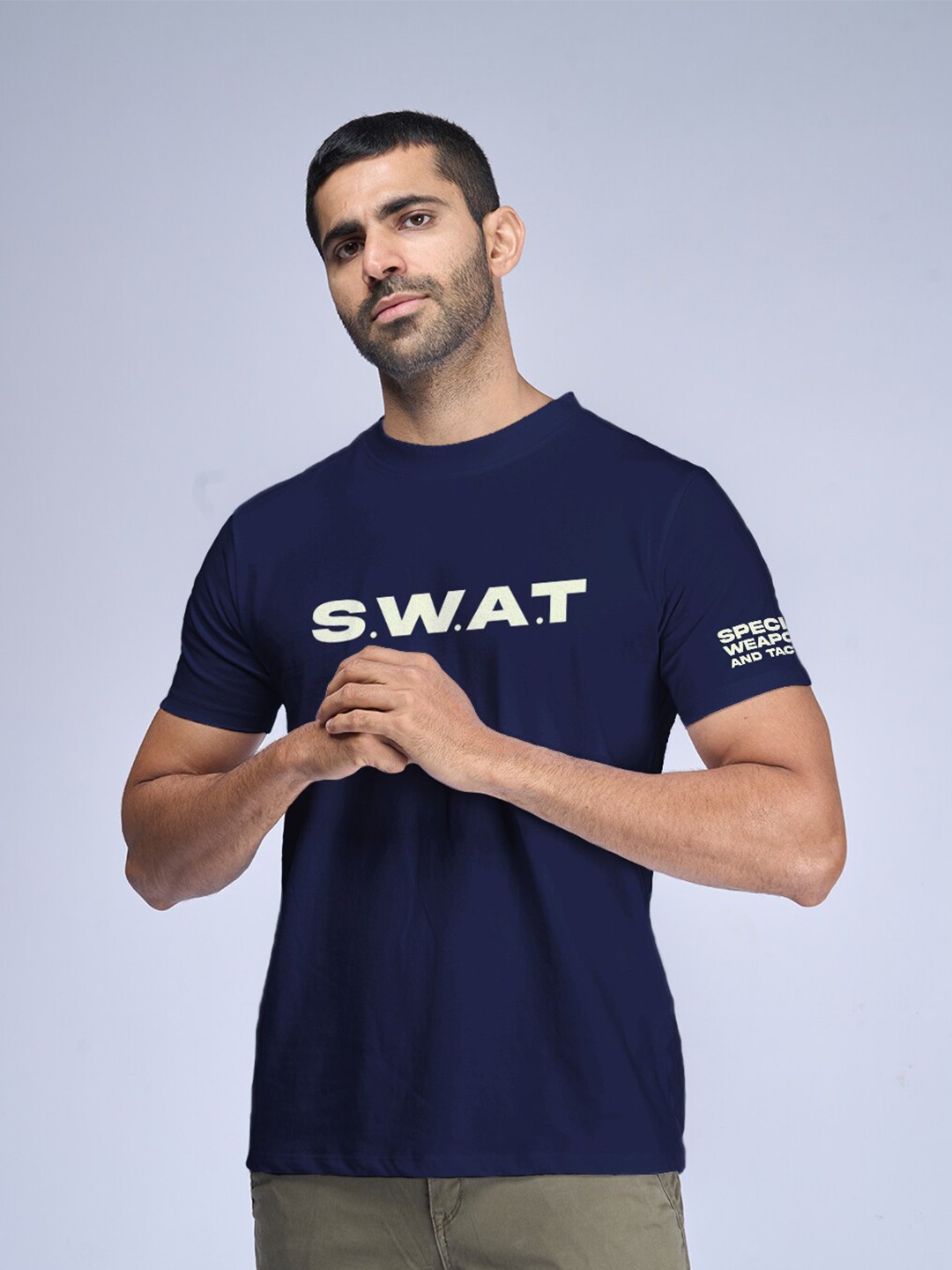 

Aero Armour Unisex Typography Printed Round Neck Short Sleeves Cotton Regular T-shirt, Navy blue