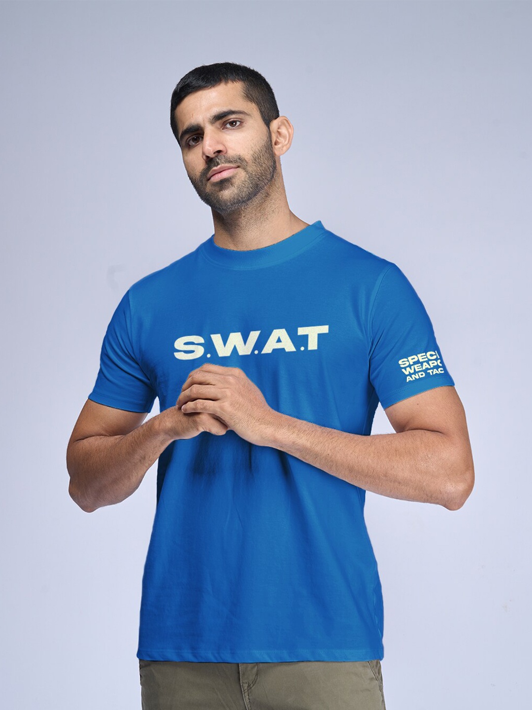 

Aero Armour Unisex Typography Printed Round Neck Short Sleeves Cotton Regular T-shirt, Blue