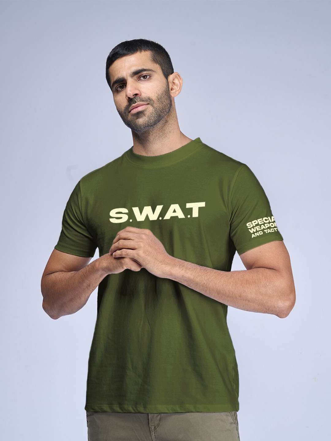 

Aero Armour Unisex Typography Printed Round Neck Short Sleeves Cotton Regular T-shirt, Olive