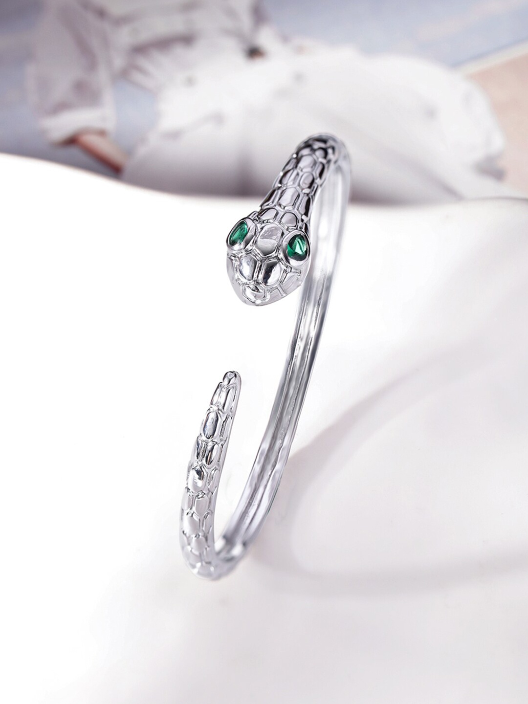 

Rubans Rhodium Plated Tarnish Free Waterproof Demi Fine Emerald Studded Serpent Bracelet, Silver