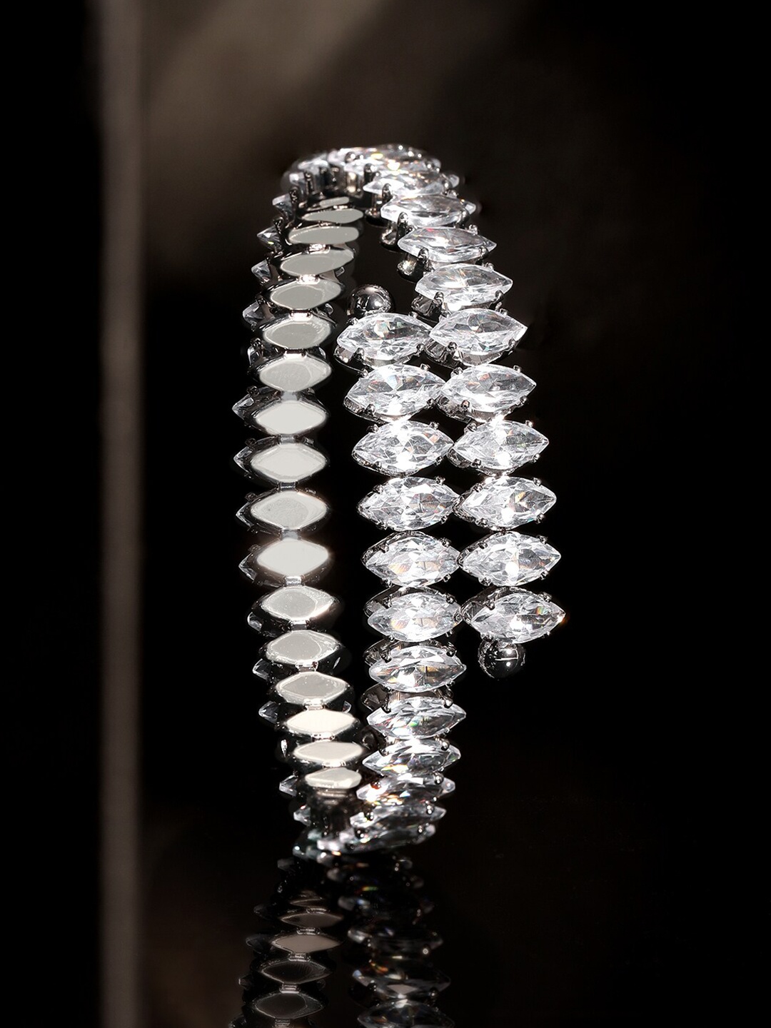 

Rubans Rhodium-Plated Crystals Studded Bangle-Style Bracelet, Silver