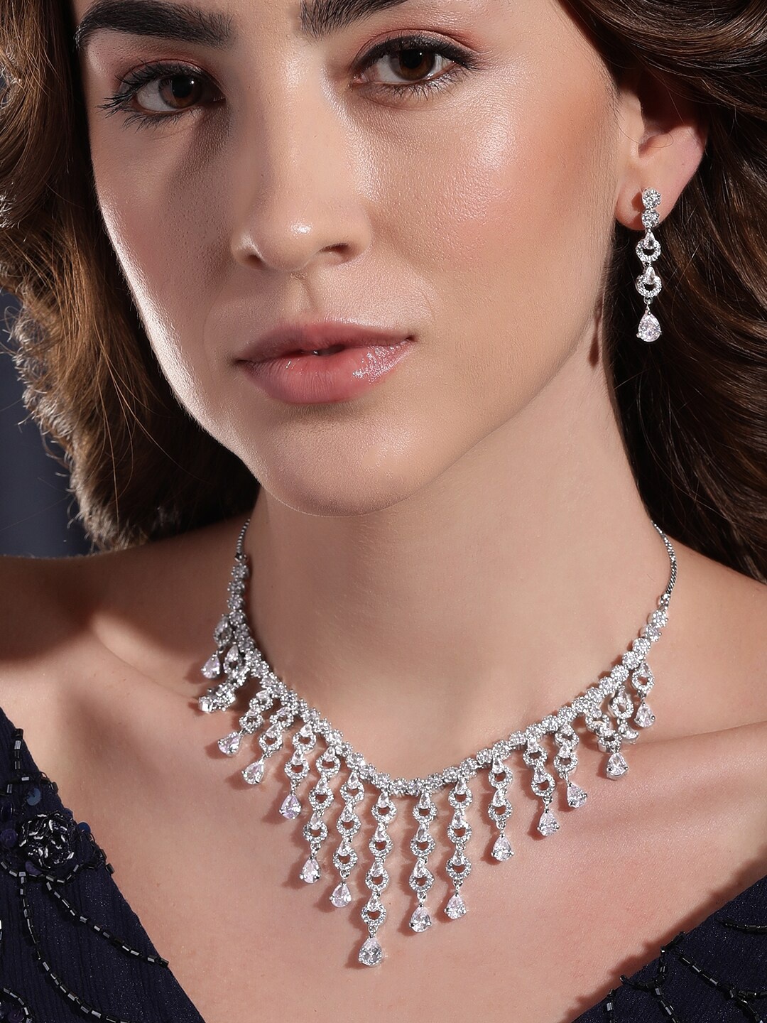 

Rubans Rhodium-Plated Cubic Zirconia Studded Necklace and Earrings, Silver