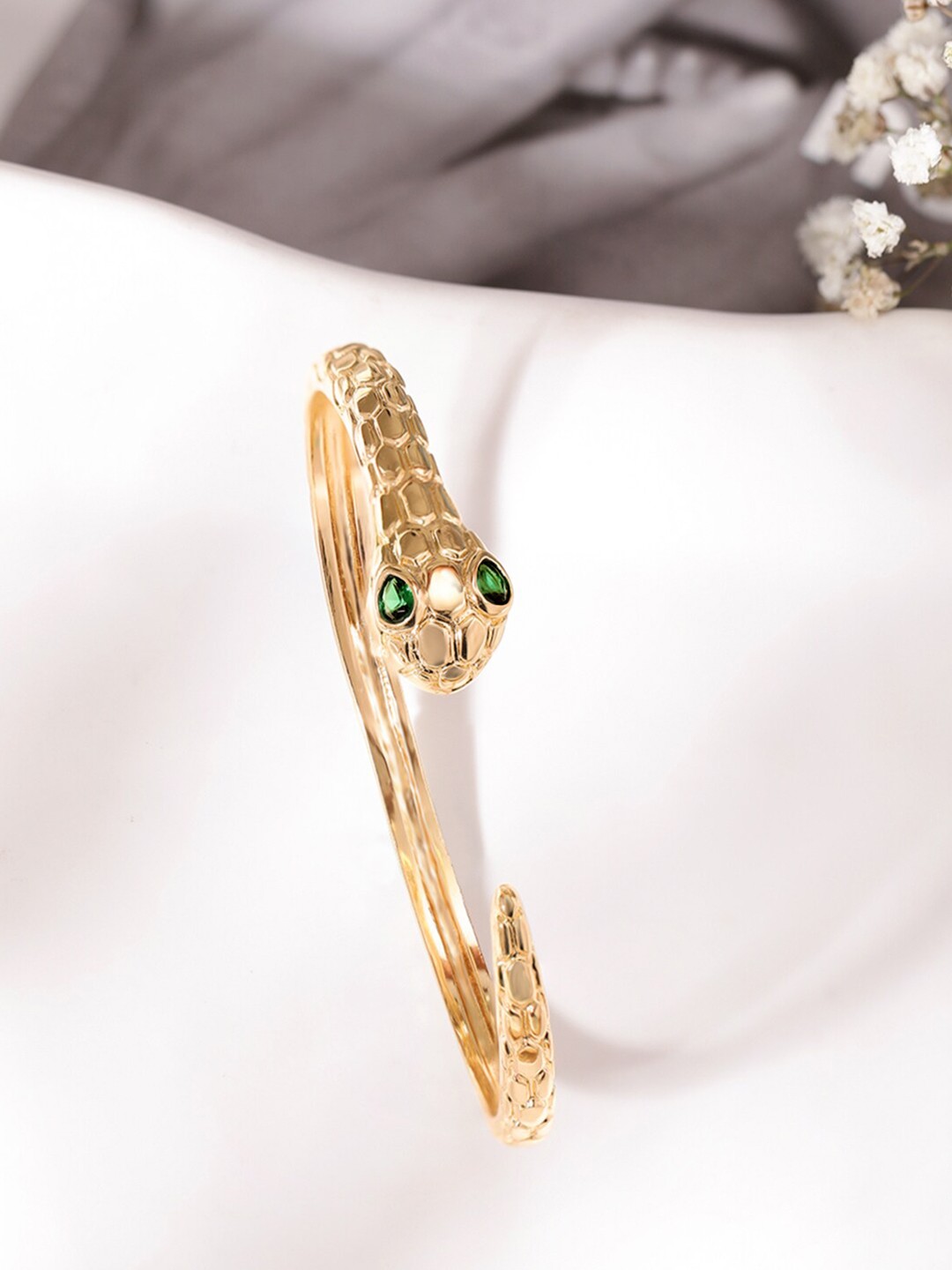 

Rubans 22K Gold-Plated Emerald Studded Snake Design Staement Openable Bracelet