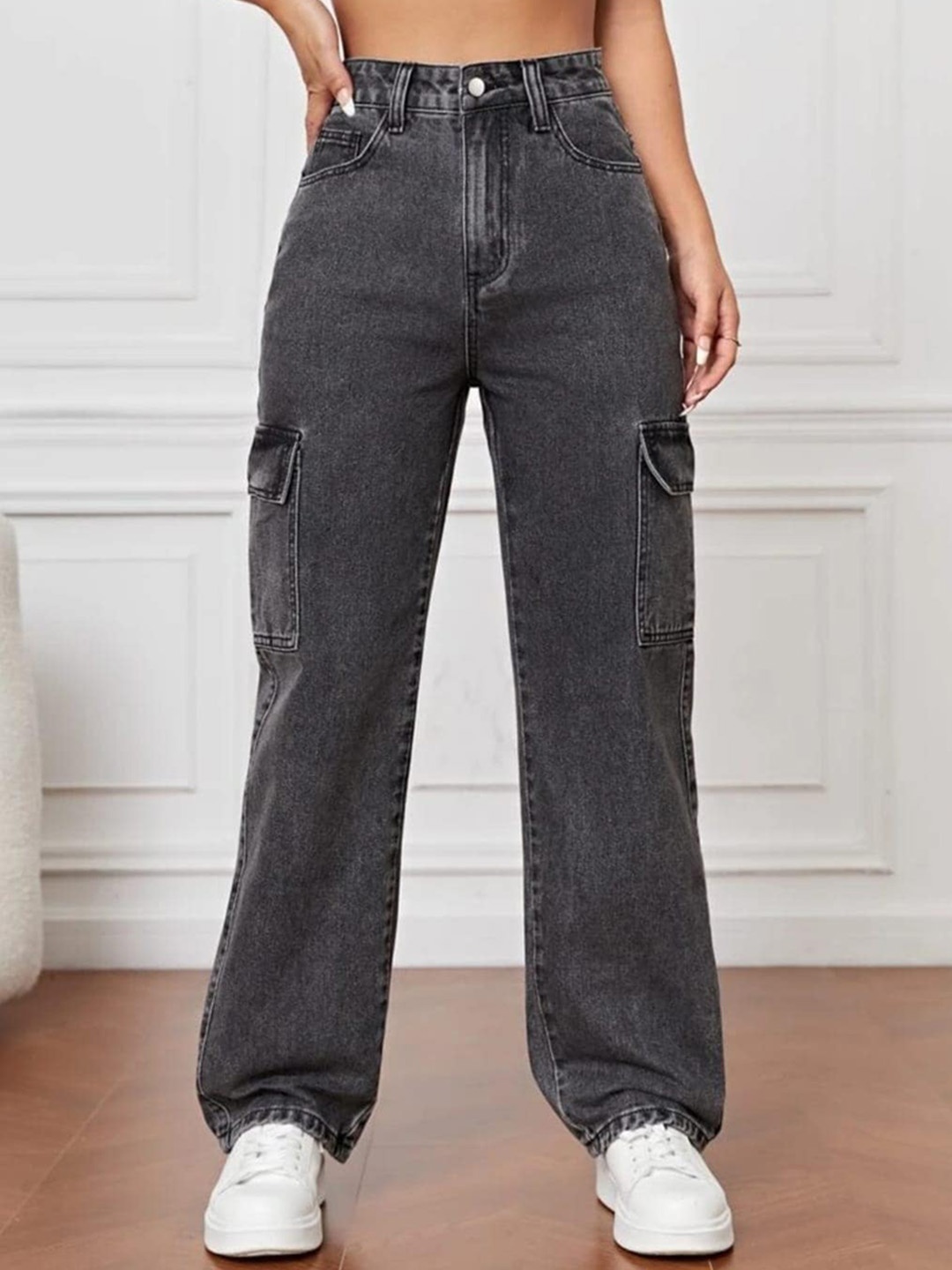 

BROADSTAR Women Smart Wide Leg High-Rise Clean Look Light Fade Stretchable Jeans, Black