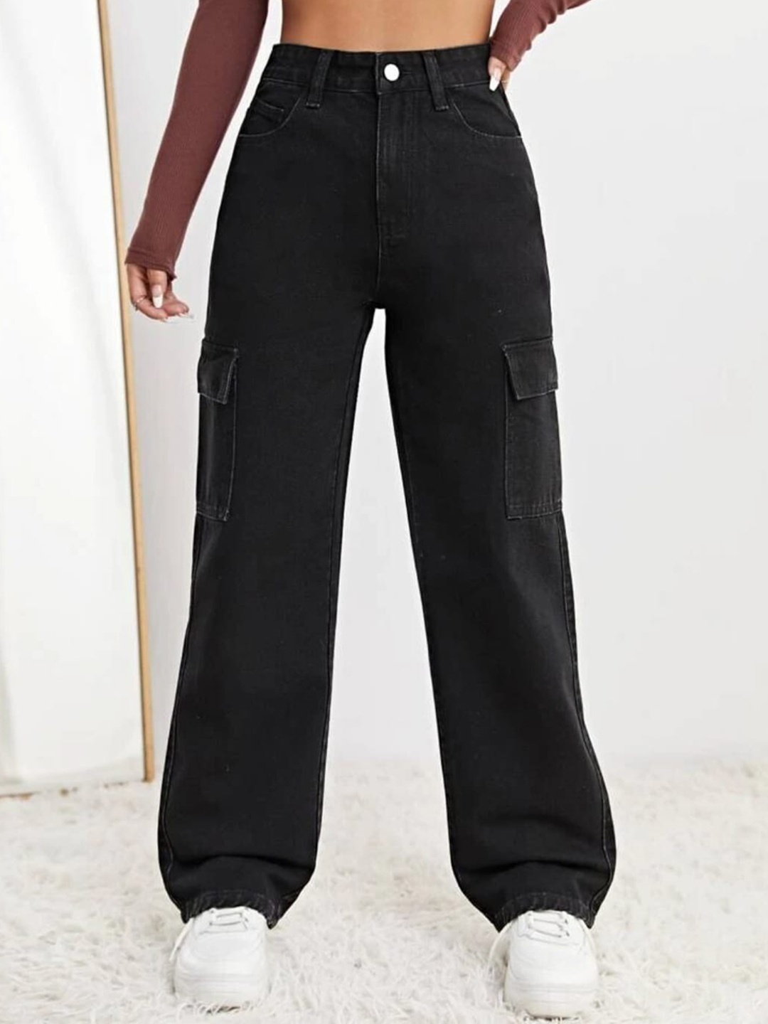 

BROADSTAR Women Smart Wide Leg High-Rise Clean Look Stretchable Jeans, Black