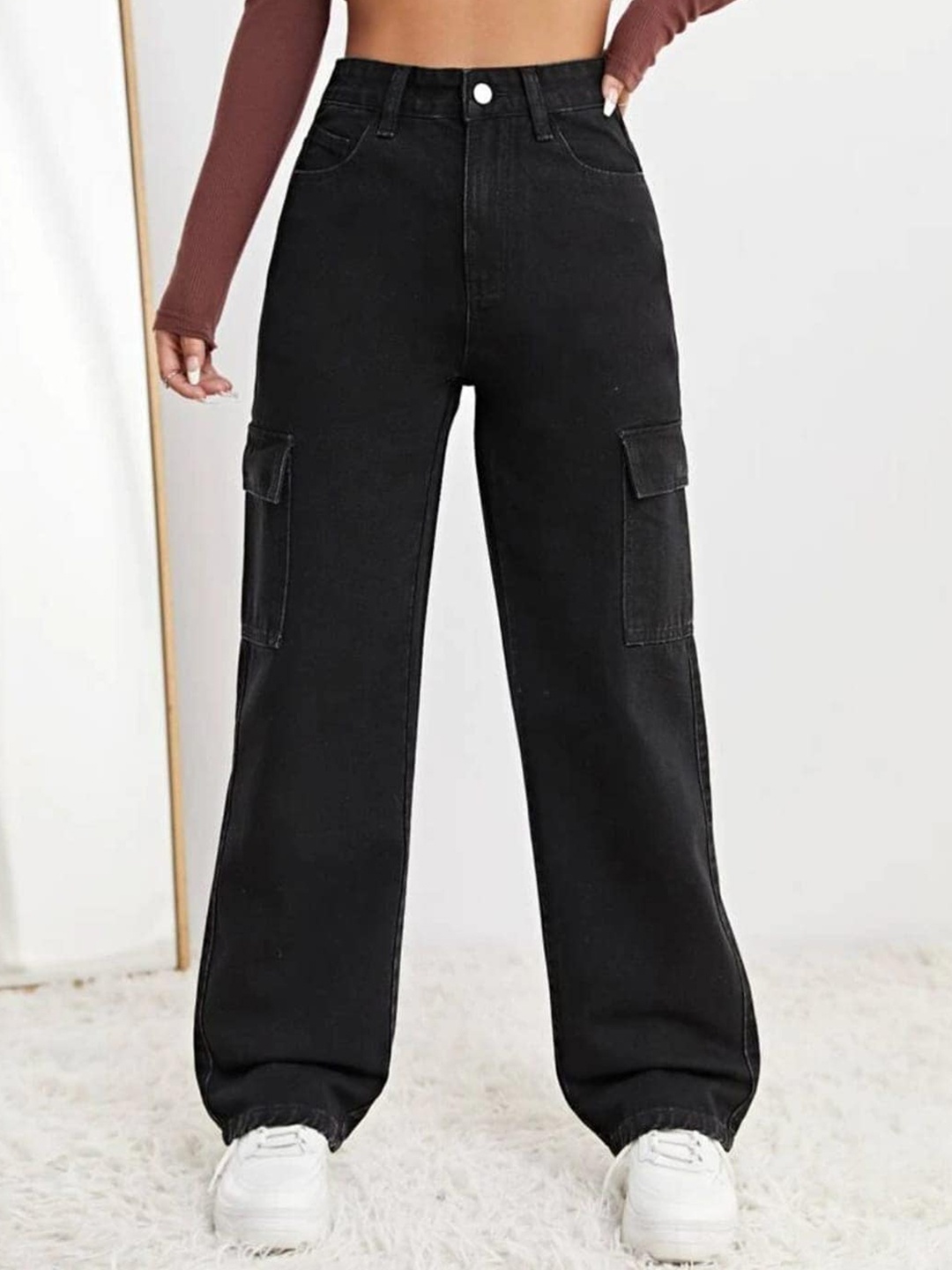 

BROADSTAR Women Smart Wide Leg High-Rise Clean Look Stretchable Jeans, Black