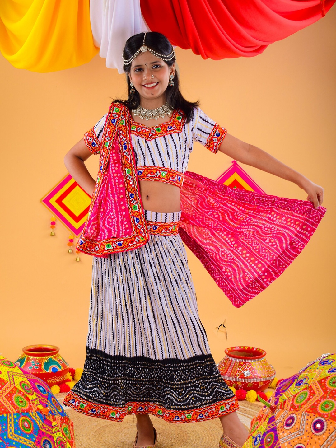 

ahhaaaa Girls Printed Mirror Work Cotton Ready to Wear Lehenga & Blouse With Dupatta, Black