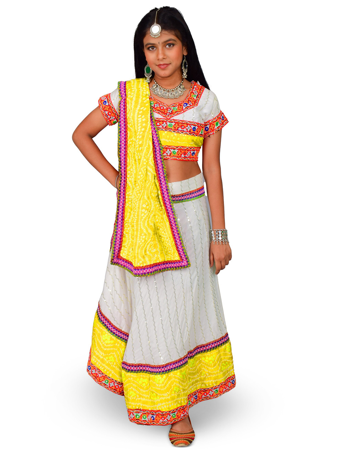 

ahhaaaa Girls Printed Mirror Work Cotton Ready to Wear Lehenga & Blouse With Dupatta, Yellow