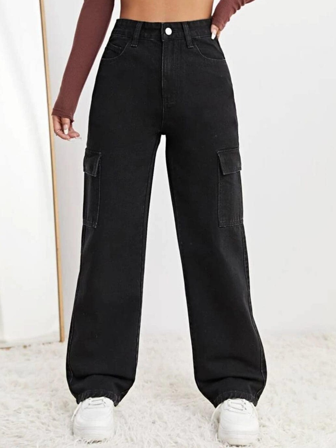 

Next One Women Smart Wide Leg High-Rise Clean Look Stretchable Cargo Jeans, Black
